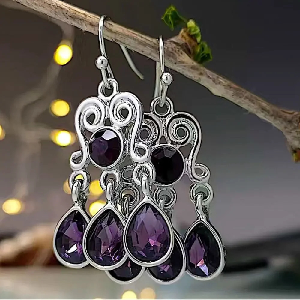 Vintage Amethyst Gemstone Chain Drop Boho Earrings